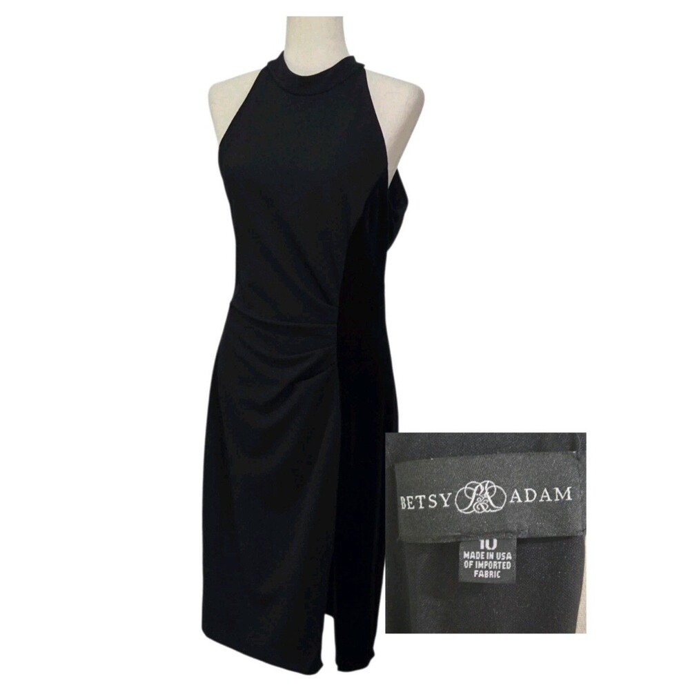 Betsy & Adam Black Halter Scuba Crepe‎ Sheath Dress 10 Velvet Stripe Made In USA